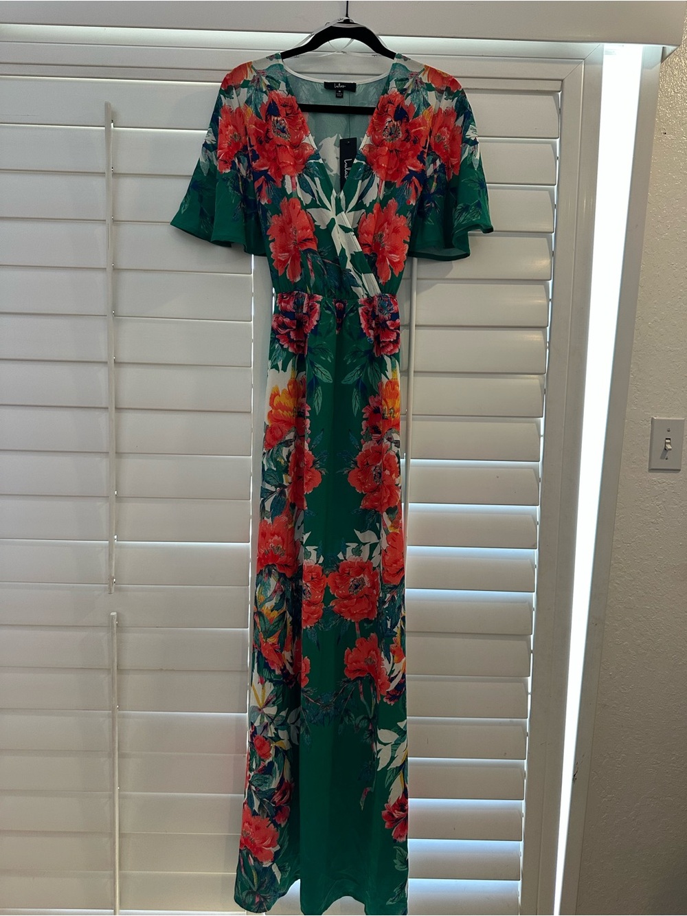 Lulu's Green Maxi Dress with Red Floral Print